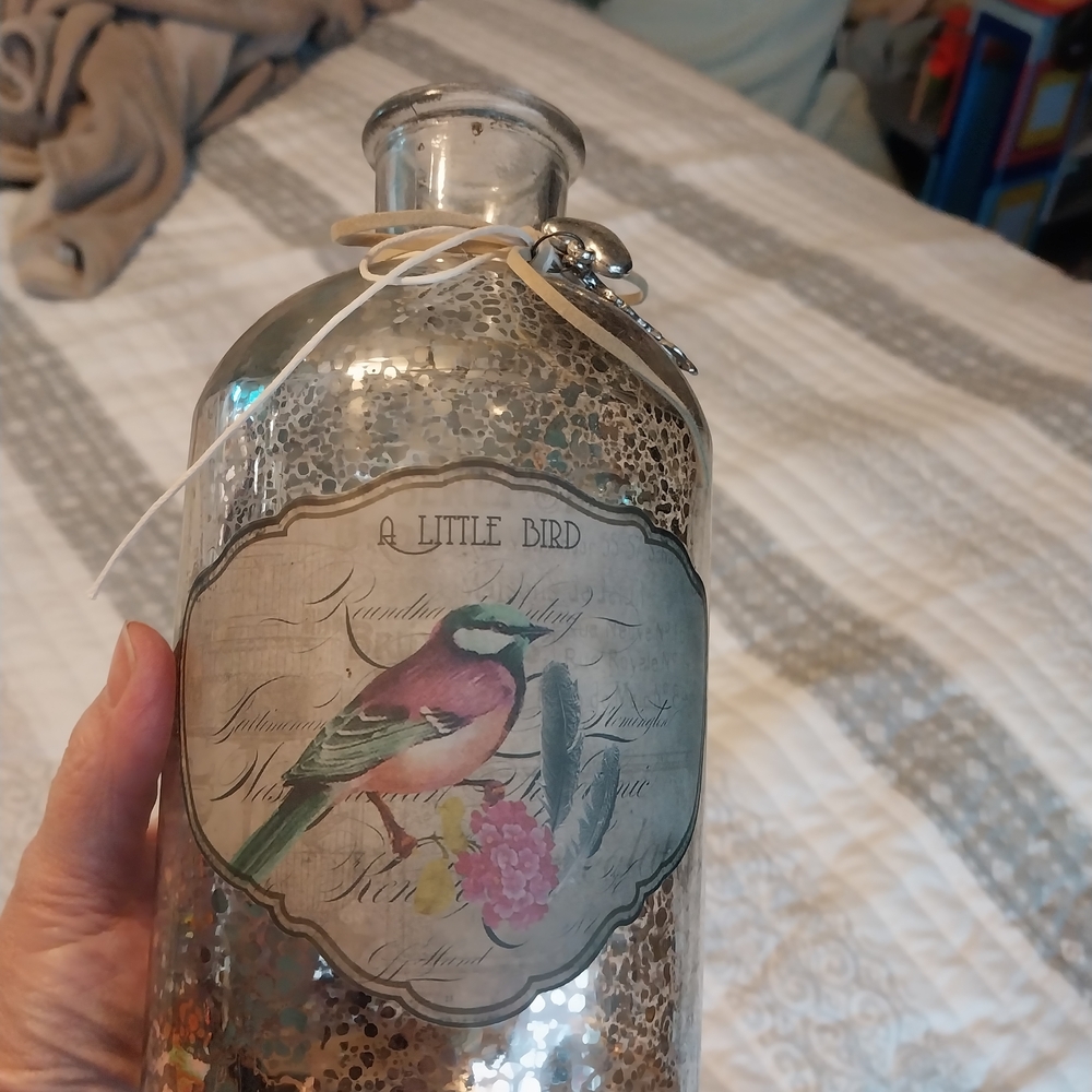 Decorative Silver Glass Bottle with Bird Design